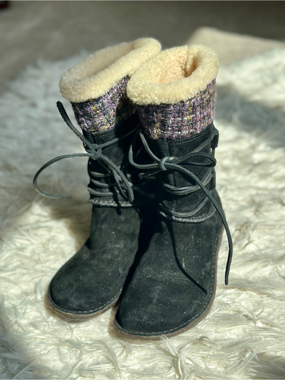 UGG Black Suede Lace-Up Winter Boots with Cream Shearling Cuff and Tweed Accent